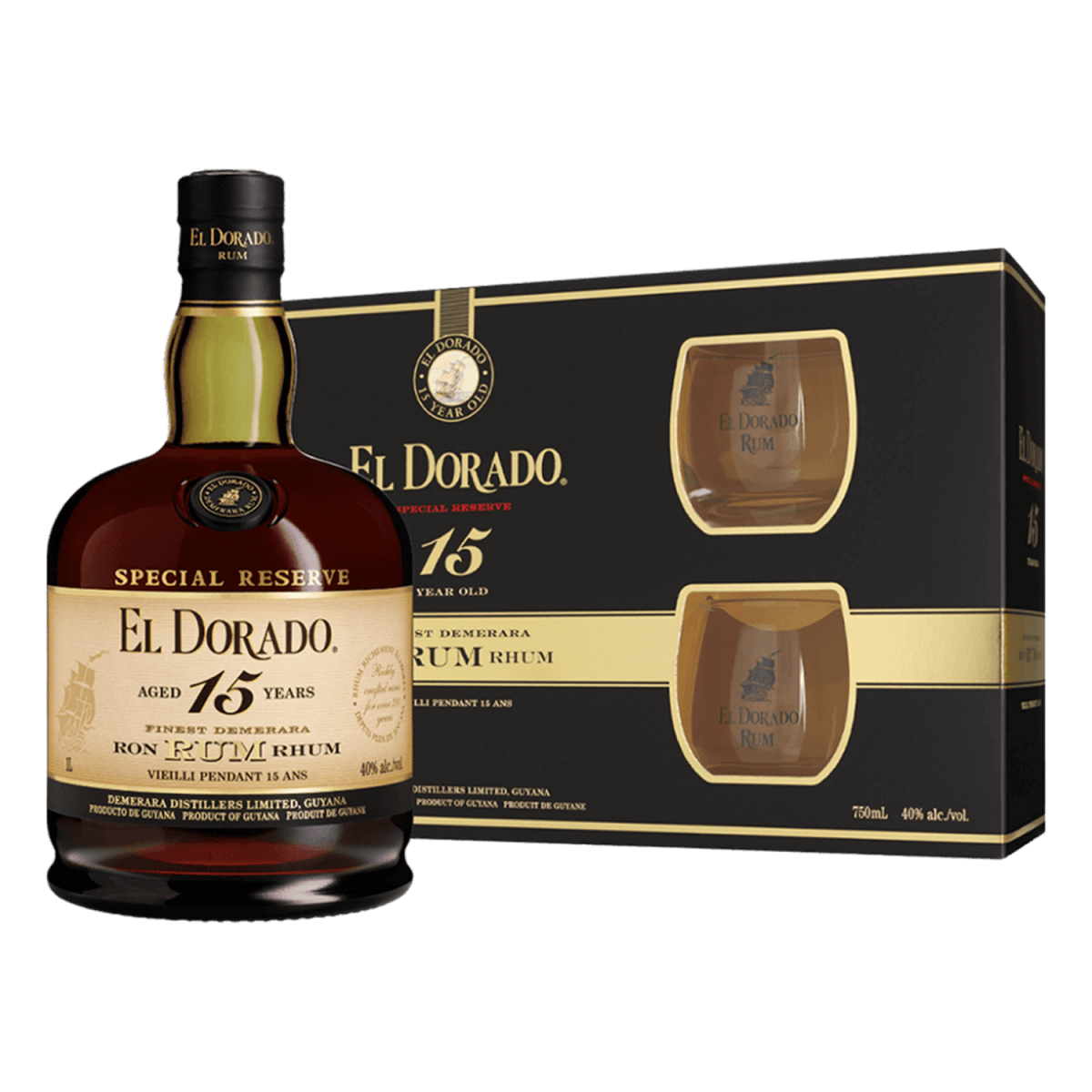 El Dorado 15 Years Rum Díszdobozban, 2 Pohárral - Reserva