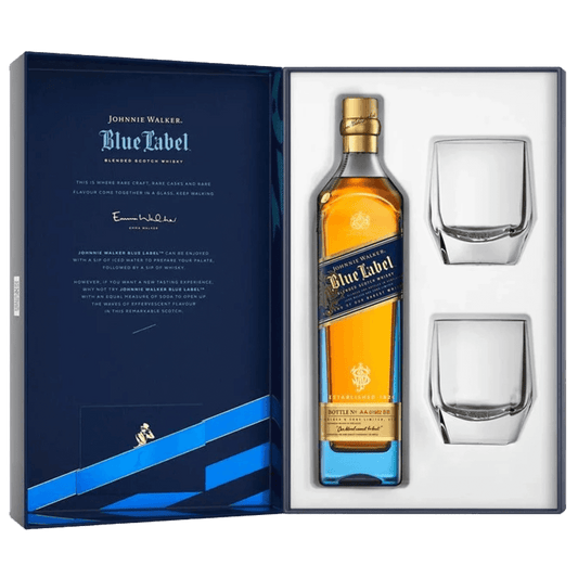 Johnnie Walker Blue Label Whisky Díszdobozban, 2 Pohárral - Reserva